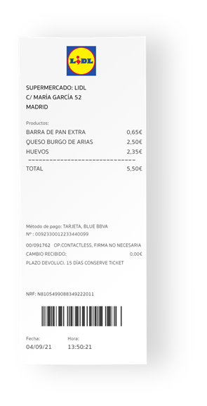 Ticket de compra Lidl validado por GELT TEC 3.9, con extracción OCR de todos los campos